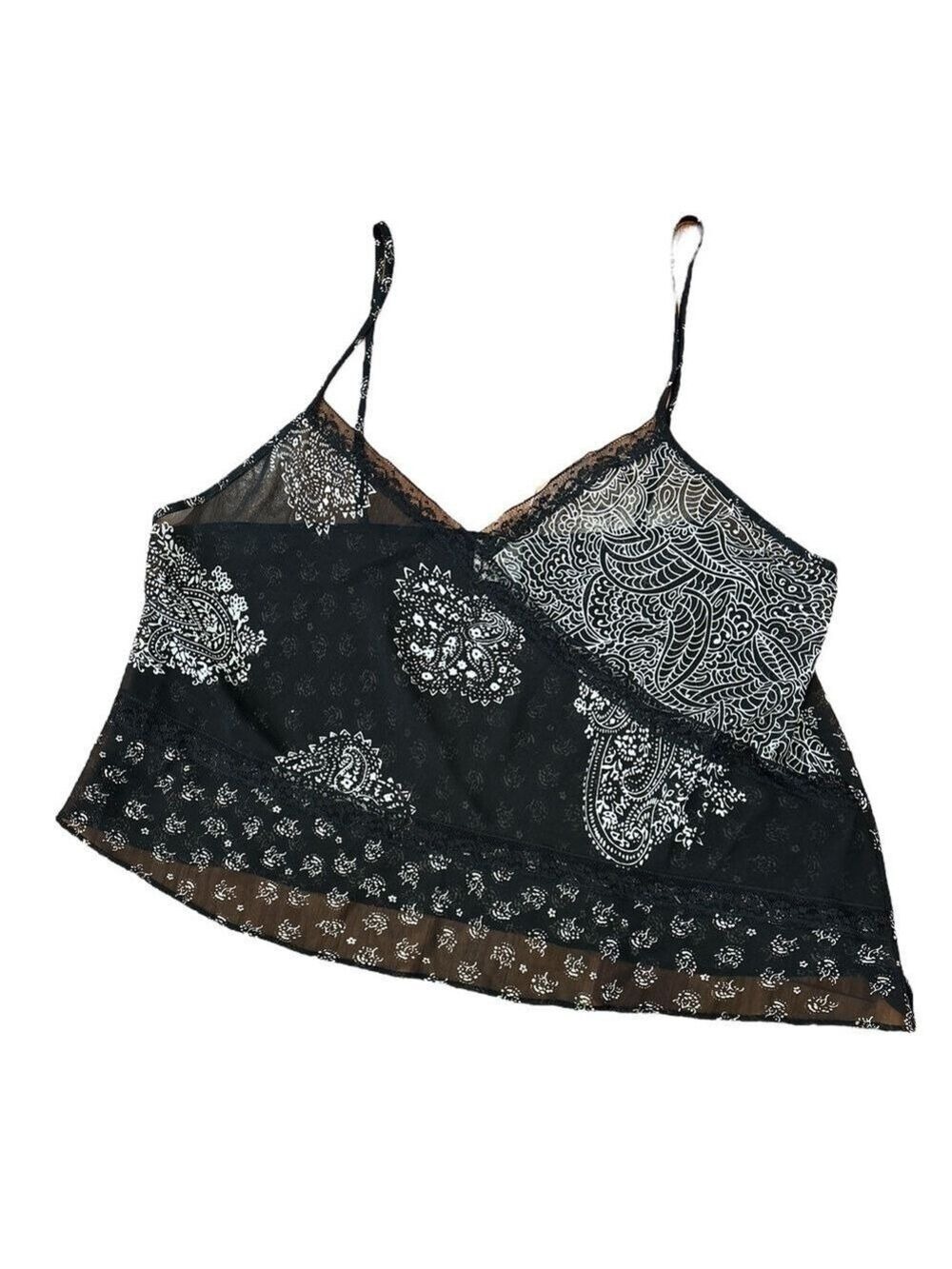 90s 2PC DELICATES BOHO SHEER BLK & CREAM PAISLEY CROP TOP & WIDE LEG PANT SZ XL - Picture 11 of 16